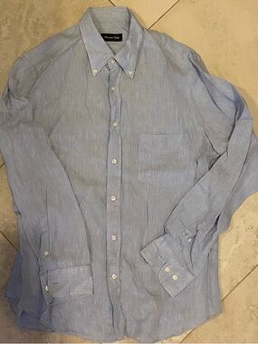 Massimo Dutti Pale Blue Button-Down Chambray Linen Shirt - Men's